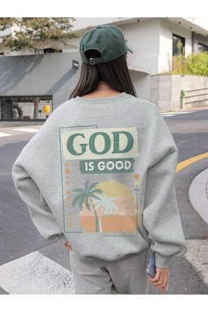God Is Good Kışlık Kalın Sweatshirt - Gri Baskılı Oversize Kalın Kışlık Bisiklet Yaka