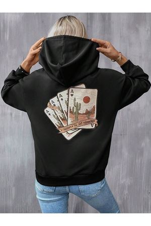 Miracles Card Sweatshirt - Siyah Baskılı Oversize Kapüşonlu