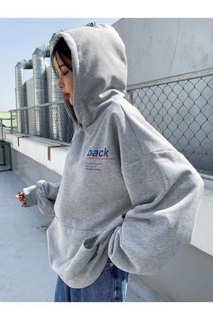 Back Sweatshirt - Gri Baskılı Oversize Kapüşonlu