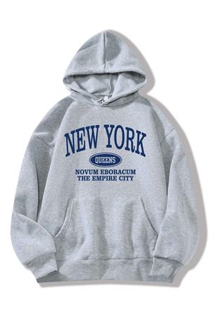 New York Queens Sweatshirt - Gri Baskılı Oversize Kapüşonlu