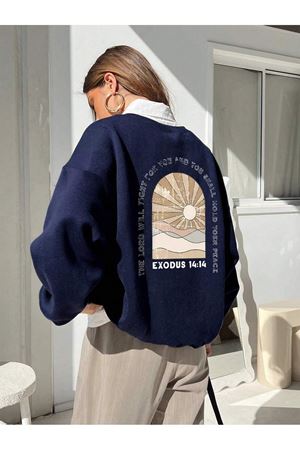 Exodus 14:14 Kışlık Kalın Sweatshirt - Lacivert Baskılı Oversize Kalın Kışlık Bisiklet Yaka