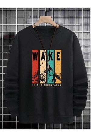 Wake Sweatshirt - Siyah Baskılı Oversize Bisiklet Yaka