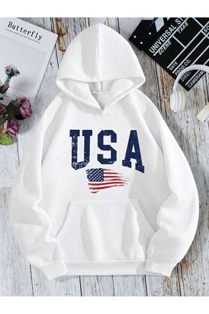 Usa Bayrak Sweatshirt - Beyaz Baskılı Oversize Kapüşonlu