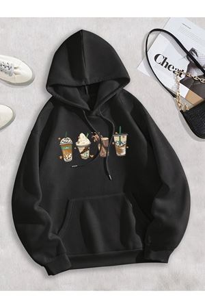 Coffe Sweatshirt - Siyah Baskılı Oversize Kapüşonlu