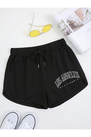 Siyah Los Angeles Bermuda Penye Şort - Kordonlu Baskılı