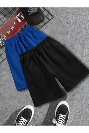 2'li Düz Renk Penye Şort - Saks Mavi Siyah Baskısız Kısa Kordonsuz