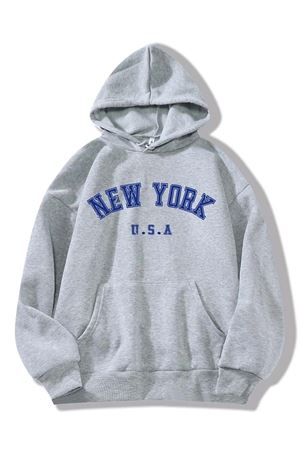 New York Usa Sweatshirt - Gri Baskılı Oversize Kapüşonlu