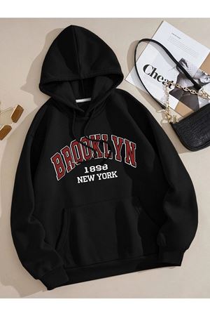 Brooklyn New York Sweatshirt - Siyah Baskılı Oversize Kapüşonlu