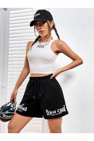 Siyah Kısa Californi West Coast Şort - Penye Baskılı Kordonlu