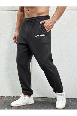 New York Eşofman Altı Jogger - Siyah Baskılı Lastik Paça Yüksel Bel