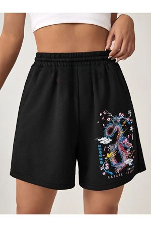 Siyah Kısa Renkli Dragon Şort - Penye Baskılı Kordonlu