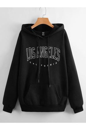 Los Angeles Design Sweatshirt - Siyah Baskılı Oversize Kapüşonlu