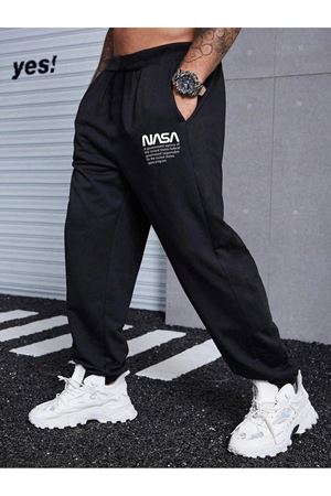 Nasa Eşofman Altı Jogger - Siyah Baskılı Lastik Paça Yüksel Bel