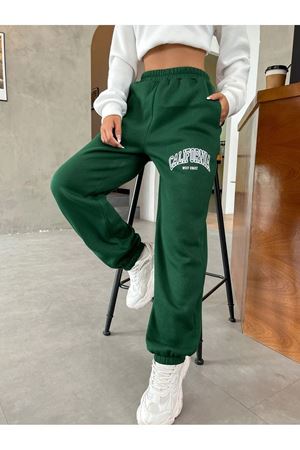 California West Coast Eşofman Altı Jogger - Yeşil Baskılı Lastik Paça Yüksel Bel