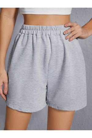 Penye Şort - Gri Basic Kısa Baskısız Kordonsuz