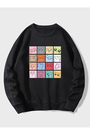 Kedimoji Sweatshirt - Siyah Baskılı Oversize Bisiklet Yaka