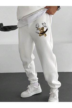 Şimşek Ayı Eşofman Altı Jogger - Beyaz Baskılı Lastik Paça Yüksel Bel