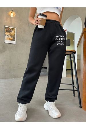 Protect Eşofman Altı Jogger - Siyah Baskılı Lastik Paça Yüksel Bel