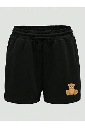 Ayıcık Penye Şort - Siyah Baskılı Kısa Kordonsuz