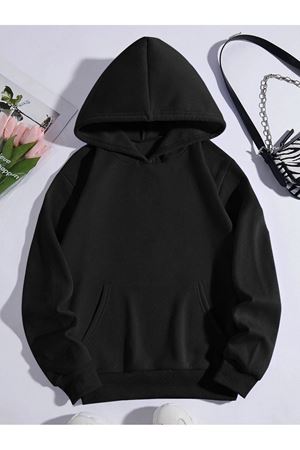 Düz Basic Sweatshirt - Siyah Oversize Kapüşonlu