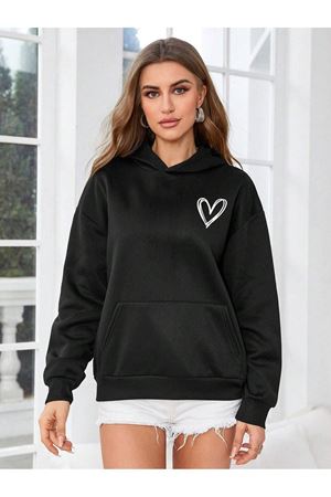Kalp Logo Sweatshirt - Siyah Baskılı Oversize Kapüşonlu