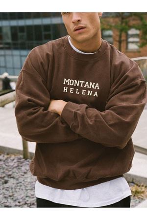 Montana Helena Desen Sweatshirt - Kahverengi Baskılı Oversize Kalın Kışlık Bisiklet Yaka
