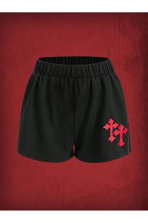 Desen Penye Şort - Siyah Baskılı Kısa Kordonsuz