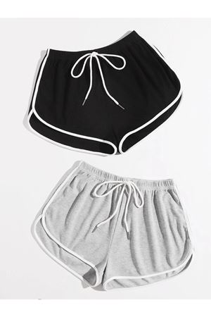 Siyah-gri 2'li Yırtmaçlı Şeritli Bermuda Penye Şort - Penye Kordonlu