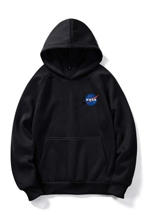 Nasa Logo Sweatshirt - Siyah Baskılı Oversize Kapüşonlu