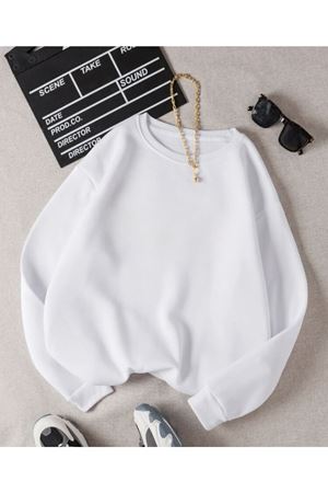 Baskısız Düz Sweatshirt - Beyaz Kalın Kışlık Şardonlu Uzun Kol Oversize Bisiklet Yaka
