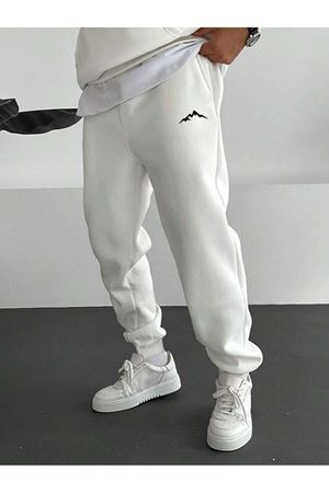 Dağ Silüet Eşofman Altı Jogger - Beyaz Baskılı Lastik Paça Yüksel Bel