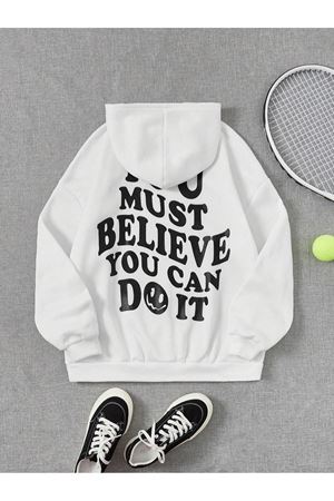 You Must Believe Sweatshirt - Beyaz Baskılı Oversize Kapüşonlu