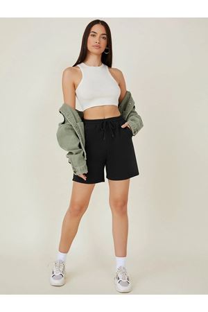 Siyah Kısa Düz Renk Baskısız Şort - Penye Baskısız Kordonlu
