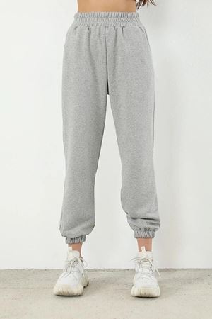 Düz Basic Eşofman Altı Jogger - Gri Lastik Paça Yüksel Bel
