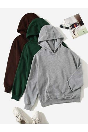 3'Lü Düz Basic Kalın Kışlık Sweatshirt - Kahverengi Nefti Yeşil Gri Oversize Kapüşonlu