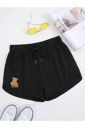 Siyah Ayıcık Bermuda Penye Şort - Kordonlu Baskılı