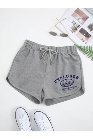 Gri Explorer Bermuda Penye Şort Kordonlu Baskılı