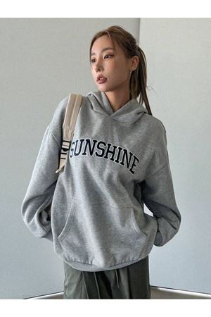 Sunshine Sweatshirt - Gri Oversize Şardonlu Pamuk Kalın Kapüşonlu