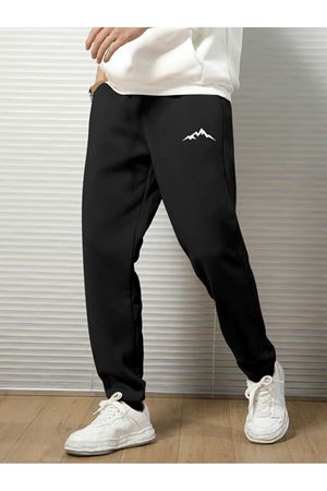Dağ Silüet Eşofman Altı Jogger - Siyah Baskılı Lastik Paça Yüksel Bel