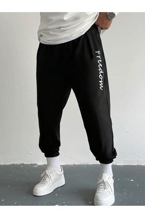 Eşofman Altı Jogger - Siyah Baskılı Lastik Paça Yüksel Bel