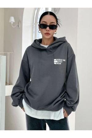 Effect Sweatshirt - Füme Baskılı Oversize Kapüşonlu