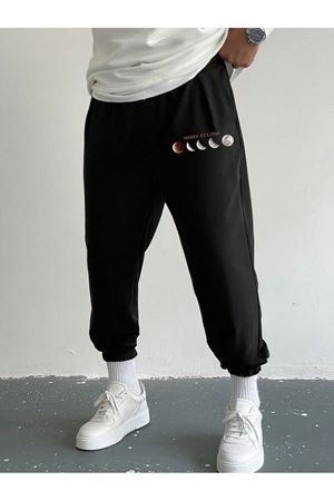 Moon Eclipse Eşofman Altı Jogger - Siyah Baskılı Lastik Paça Yüksel Bel