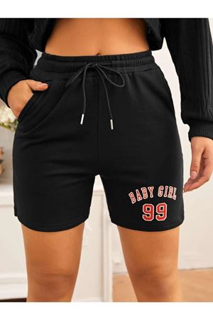 Siyah Kısa Baby Girl Şort - Penye Baskılı Kordonlu