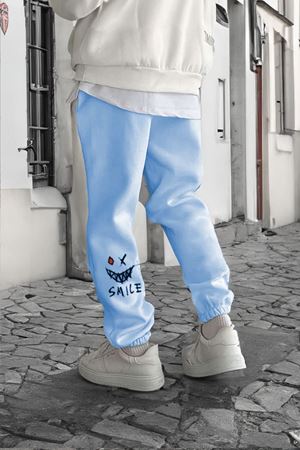Smile Face Bebe Mavisi Jogger Eşofman Altı - Paça Baskı Detaylı Lastik Paça Baskılı Rahat Tarz
