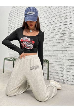 West Coast Eşofman Altı Jogger - Gri Baskılı Lastik Paça Yüksel Bel