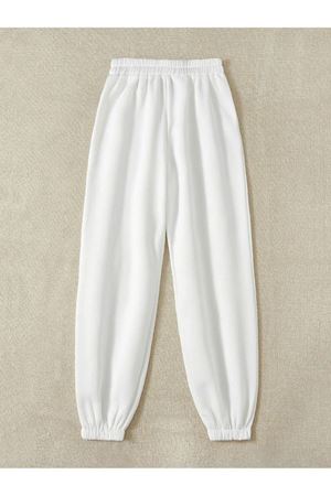 Basic Düz Eşofman Altı Jogger - Beyaz Lastik Paça Yüksel Bel