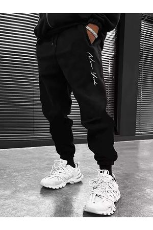 New York Siyah Jogger Eşofman Altı - Lastik Paça Baskılı Rahat Ve Tarz