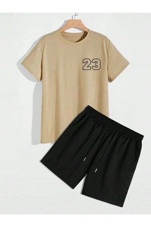 23 Sayılı T-Shirt Şort - Vizon Siyah Alt Üst Takım Şort Tişört Kombin Baskılı Bisiklet Yaka