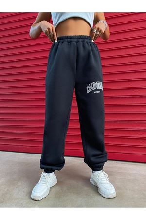 California West Coast Eşofman Altı Jogger - Siyah Baskılı Lastik Paça Yüksel Bel