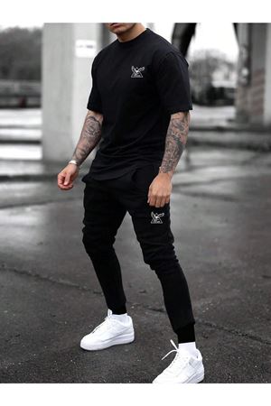 Siyah Baskı Alt Üst Eşofman Takım Oversize Bisiklet Yaka